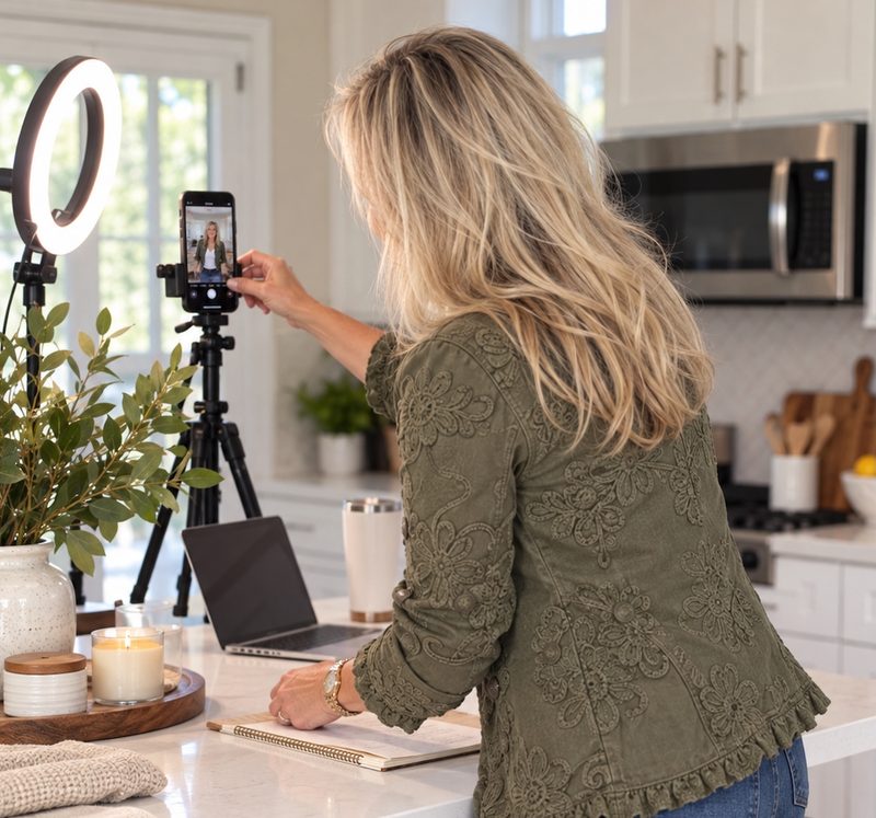 Lisa Redman filming UGC content at a ring light in her kitchen in Las Vegas