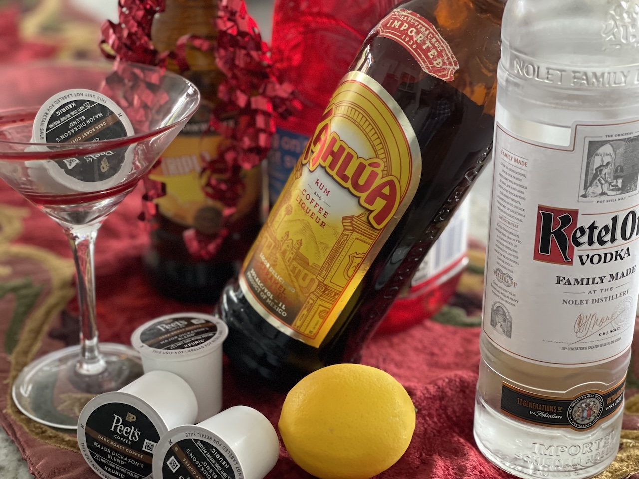 Holiday cocktail still life with Kahlúa and Ketel One
